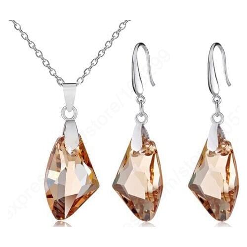 18" Gold Shadow Austrian Crystal 925 Sterling Silver Jewelry Pinch Bail Earring Pendant Necklace Set Women Gift