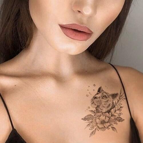 Lion Wolf Animal Temporary Tattoo Sticker Black Chrysanthemum Lotus Fake Tattoos Waterproof Tatoos Arm Large Size for Women Girl