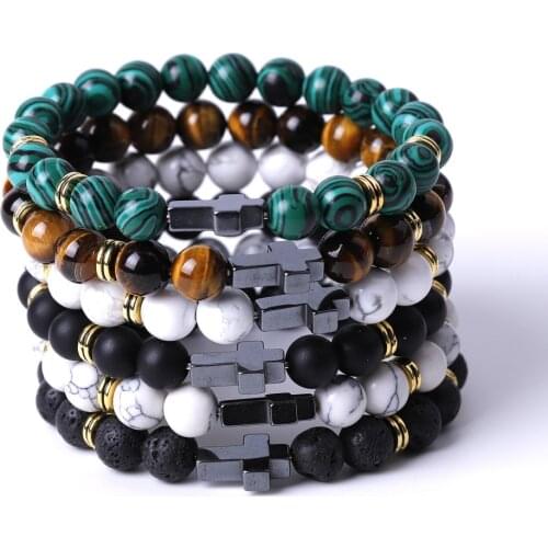 Lover Cross Charms 8mm Howlite Black Lava Stone Beads Bracelet Handmade Malachite Tiger Eye Beaded Buddha Strand Jewelry