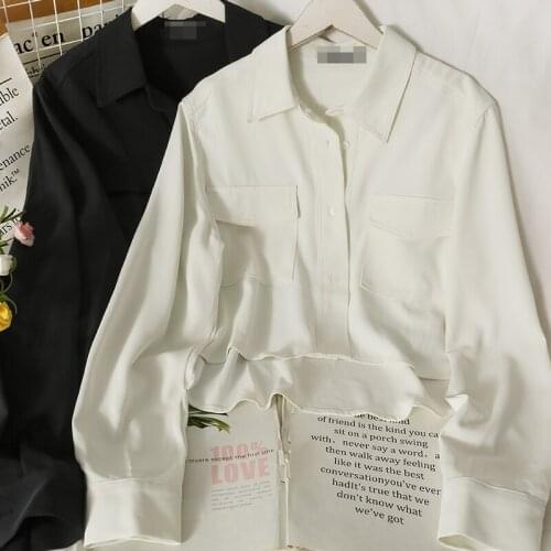 Korean Fashion Womens Shirt Short Front and Back Long Lapel Loose Shirt Tops 2021 Autumn Short Wild Simple Long-sleeved Shirt