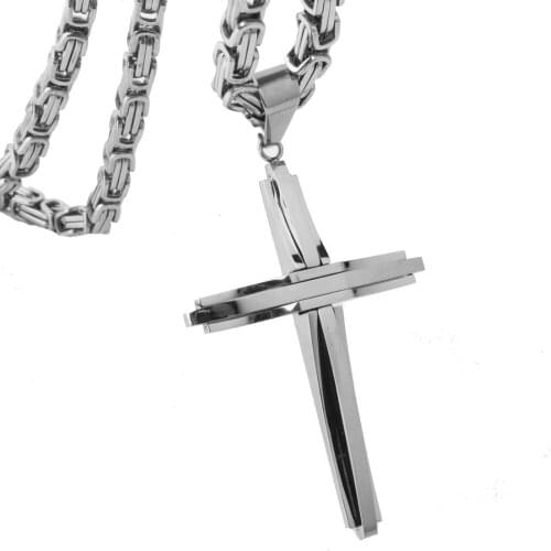 Fashion Silver Color 60mm*38mm Cross Pendant Necklace High Quality 316L Stainless Steel Byzantine Link Chain Wholesale