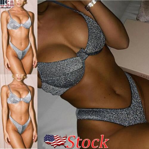 US Solid Style Women Sparkle 2Pcs Padded Bikini Set Underwear Swimwear Sexy Lady Glitter Swimsuit Bathing Suit Silver Pink Blue