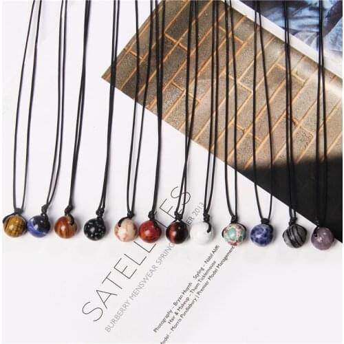 Fashion 12mm Round Natural Stone Pendant Necklace Handamde Black Rope Adjustable Necklace Jewelry Gifts for Women Men Couples