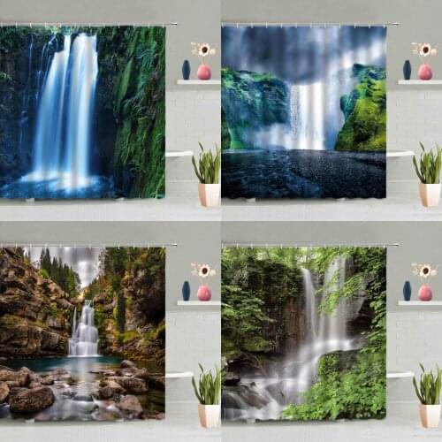 Waterfall Shower Curtain Natural Scenery Forest Green Plants Mountain Stone Landscape Bathroom Decor Screen Washable With Hooks
