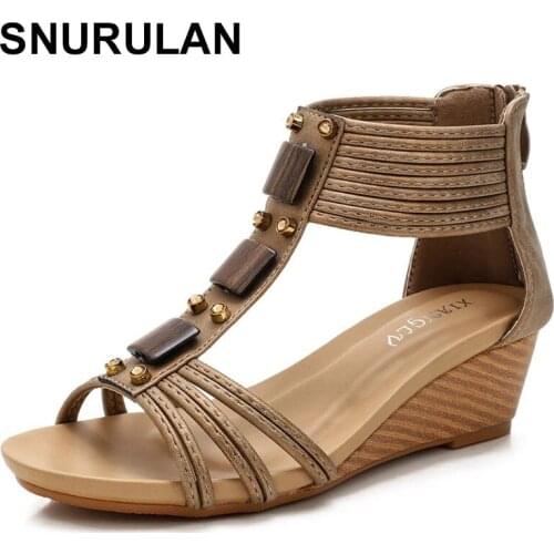 SNURULANWomen Bohemia Wedges Sandals Summer Boho Metallic Beads Shoes Ethnic Rhinestone Bohemian Large Plus Size Soft Beach Shoe