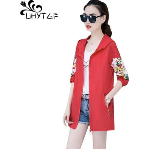 UHYTGF Printed Tops Women Fashion Hooded Summer Coats Thin Sun Protection Clothing Long-Sleeved Breathable Plus SizeJacket 1006