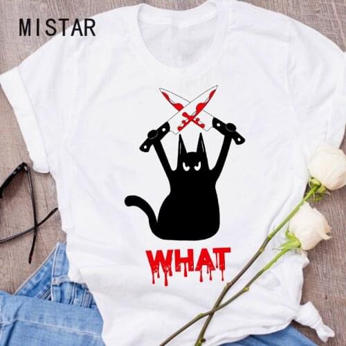 Women Graphic Cat Animal Funny Scary Print 90s Autumn Fall Halloween T Shirt Lady Tees Tops Female short sleeve Women T-Shirt