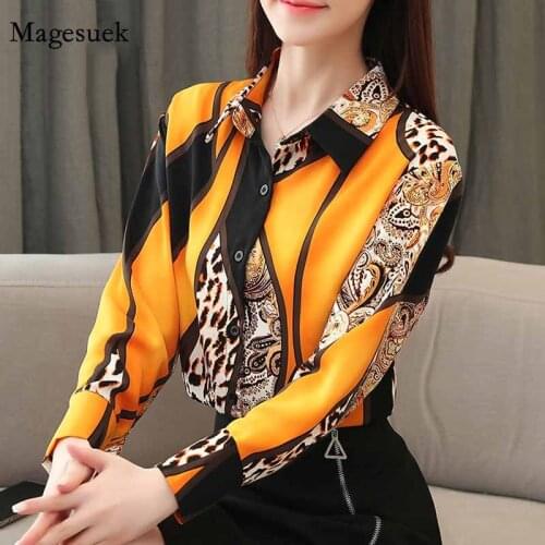 Korean Style Vintage 2020 Clothing Printing Leopard Chiffon Blouses Women Elegant Long Sleeve Shirts Button Ladies Tops 8092 50