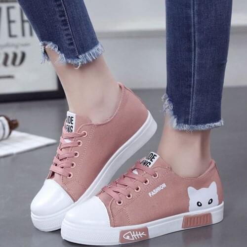 2020 Woman Vulcanized Women Flats Canvas Female Cartoon Cat Womens Platform Sneakers Ladies Board Shoes Round Toe Plus Size 41