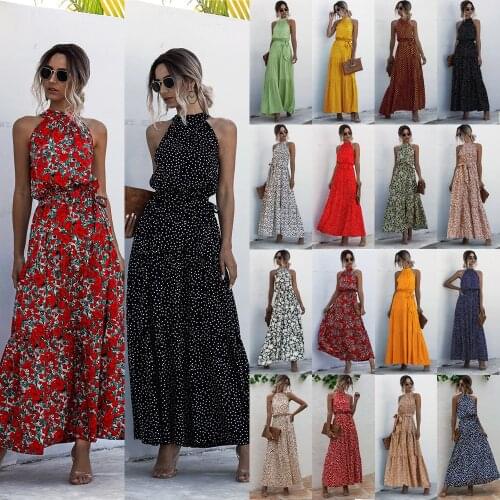Women Summer Dress 2021 Print Floral Color Sleeveless Halter Lace Up Casual Beach Style Long Female Autumn Party Vestido C2461