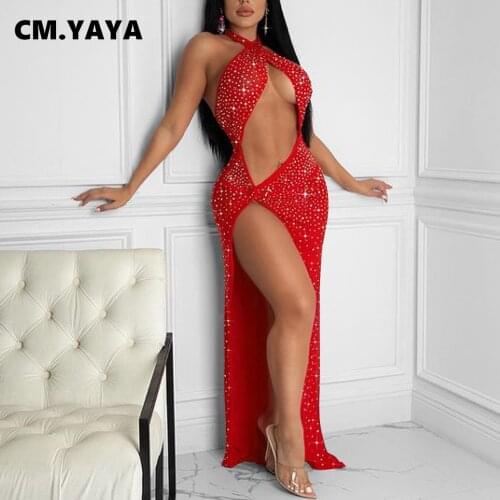 CM.YAYA Women Hot Rhinestones Halter Neck High Slit Sexy Maxi Dress Mesh See Though INS Sexy Party Autumn Winter Long Dresses