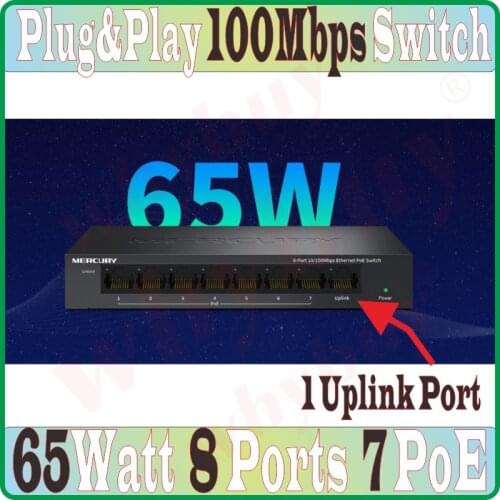 8 ports 1 uplink port 7 poe 65W 100Mbps MCU PoE Switch Ethernet Network Switch LAN Hub Full/Half duplex Exchange Auto MDI/MDIX