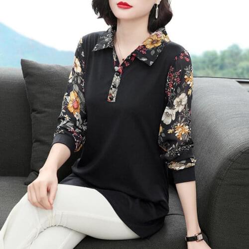Womens Spring Autumn Style Blouse Shirt Womens Turn-Down Collar Printed Patchwork Long Sleeve Button Korean Tops SP1086