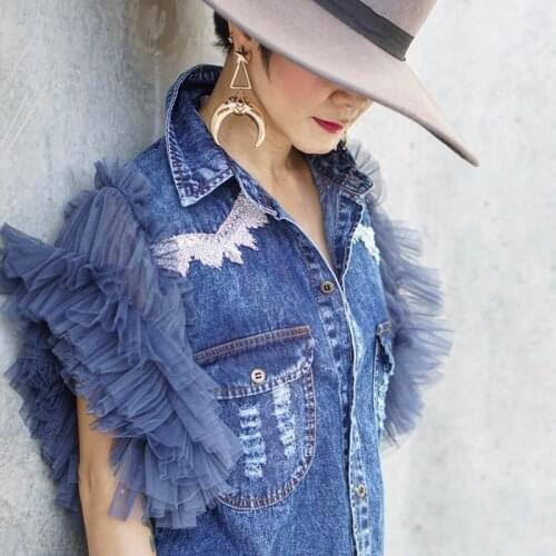 Super Unique Mesh Ruffled Short Sleeve Ripped Denim Jean Shirt 2020 Spring NEW Trendy Denim Top
