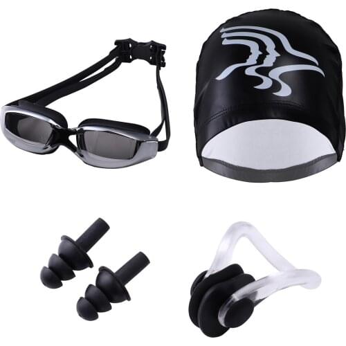 Women Men Adults Swimsuit Sets UV Shield Anti Fog Swim Goggles PU Swimming Cap with Nose Clip Earplugs for Swimming Pool Diving