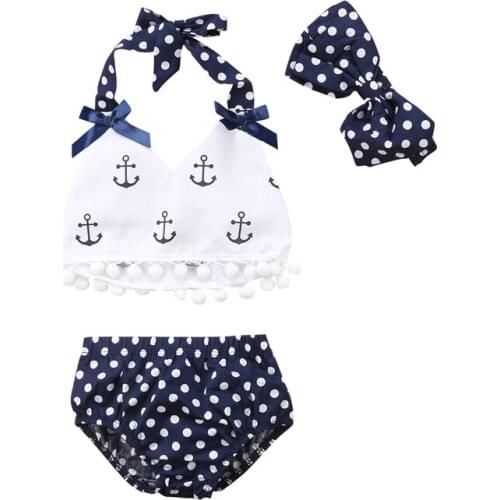 Hot Sale 3pcs Baby Girl Clothes Set Baby Anchor Tops+Polka Dots Briefs Head Band Summer Outfits Set Sunsuit Baby Costume