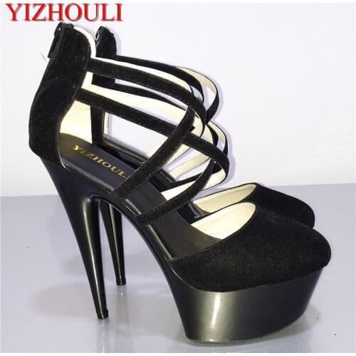 Matte black fashion magazine cover model shooting fashion runway 15 cm high stiletto shoes and sandals