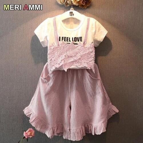 MERI AMMI Children Girl 2pcs Clothing Set Lace Letter Tee+Loose Ruffles Pants For 2-7 Year Girl