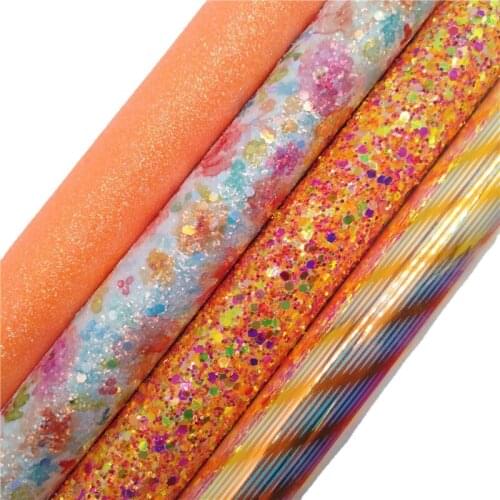 Neon Orange Chunky Glitter Leather Sheets with Felt Backing Rose Printed Glitter Fabric Iridescent Stripes Faux Leather XM004F