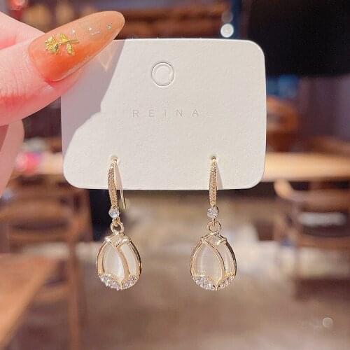 Korean New Geometry Earring Women Elegant Tulip Zircon Opal Dangle Earrings Female Trendy Delicate Jewelry Retro Drop Earrings