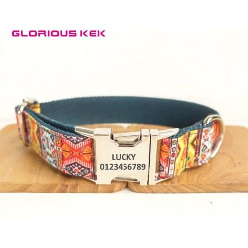 Dog Collars for Small&Big Dogs Custom Name Designer Bohemia Pattern Dog Collar and Leash Set Quality Metal Buckle Nylon Necklace