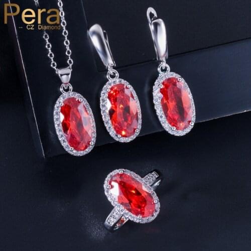 Pera 3Pcs Fashion Ladies Accessories Red Ruby Round Cubic Zirconia Women Necklace Earrings Jewerly Sets Best Friend Gift J172