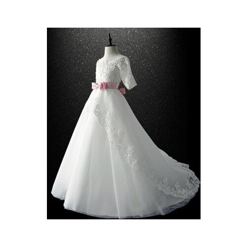 First Communion Dress White Lace Up Appliques Half Sleeves Bow Shoulderless Ruffle Baby Girl Christmas Wedding Tulle Ball Gown