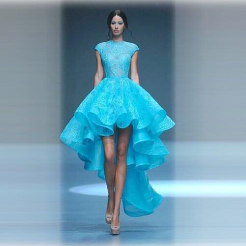 Chic Stylish High Low Front Short Long Back Lace Prom with Cap Sleeve Party gown Vestido de Festa 2018 bridesmaid dresses