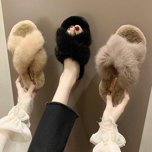 Women House Slippers Faux Fur Fashion Warm Shoes Woman anti-slip on Flats Female Slides cozy home furry slippers