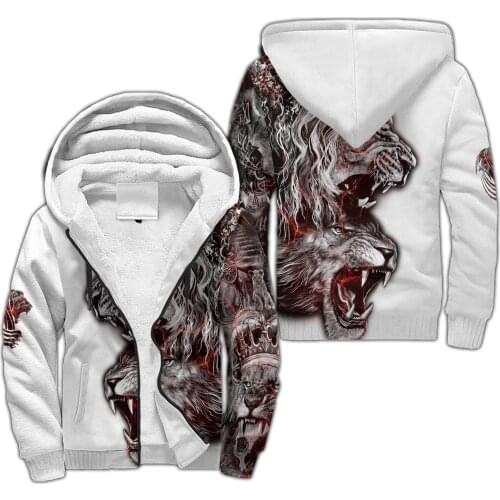 Lion Tattoo Armor Pattern 3D Printing Winter Thicker Zip Hoodie Unisex Casual Hooded Coat Tracksuit Warm Fleece Jacket JH01