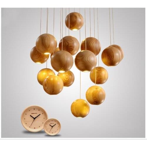 Solid Wood Pendant Light Wood Ball Pendant Lamp LED Wood Hanging Lamps Decoration Wood Indoor Lighting For Hotel Project