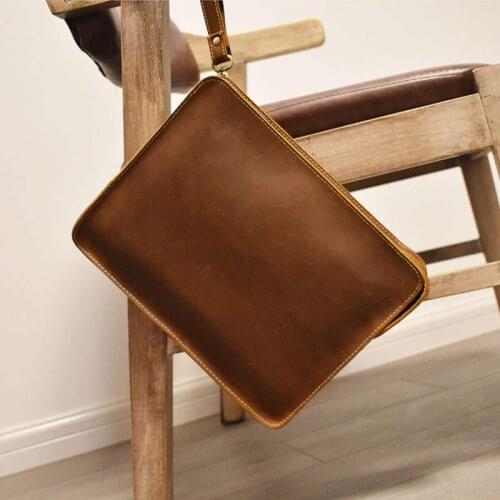 Vintage Crazy Horse Leather Men Clutch Bag Multifunction Genuine Leather Shoulder Bag A4 Document Bags