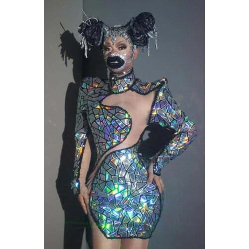Magic Mirror Symphony Reflective Skirt sexy women sparkly stage show dress nighclub bar party outfits