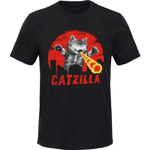 Funny Cat Monster Printed T-Shirt Novelty Designer Catzilla Summer O Neck Clothes Slim Fit Animal Cartoon Cotton Mens T Shirt