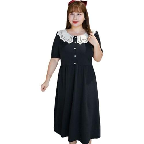 Womens summer chiffon doll collar contrast button dress plus size calf length casual dress 100 kg can be worn