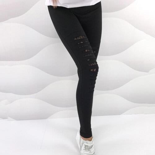 Polyester Spandex Women Ripped Lace Patchwork Leggings Stretch Solid Color Skinny Pencil Pants pantalones de mujer woman pants