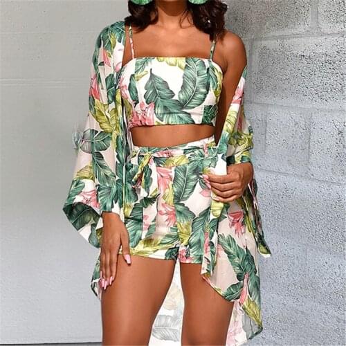 2020 Summer Brand New Women Boho 3Pcs Floral Print Cardigan Blouse+Crop Top+Shorts 3 Pieces Set Casual Daily Holiday Beach Sets
