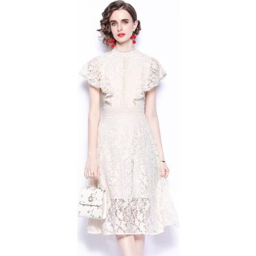 Vintage Elegant Women Summer Lace Dress Female High Quality Fashion Party Robe Femme Designer Ruffles A-Line Office Vestidos