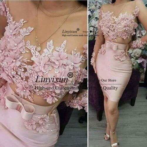 Sexy Homecoming Dress Pink Crew-Neck Short Prom Dresses With Lace Appliqued Pearls Graduation Dress Sheath vestido azul claro