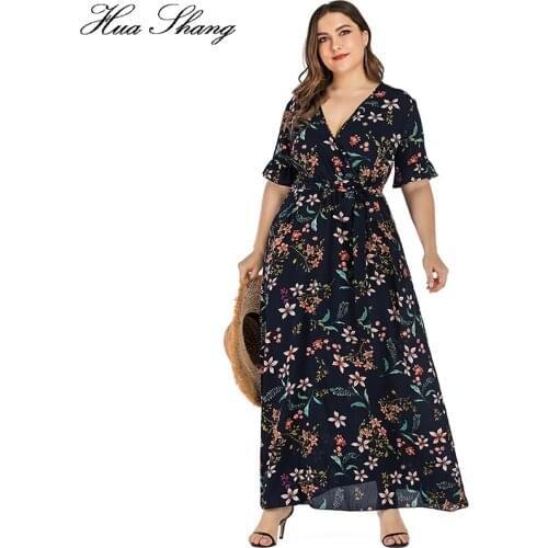 Floral Boho Beach Dress Plus Size Women Summer V Neck Ruffles Short Sleeve Flower Maxi Long Dresses Belted Ladies Tunic Dress