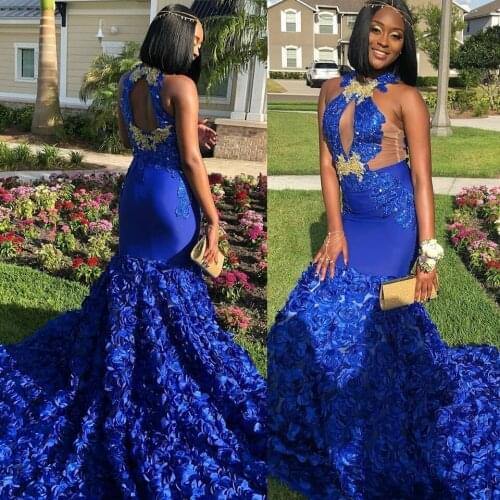 2019 Royal Blue Prom Dresses Long For Black Girls Mermaid Evening Gowns African Style Backless Rose Flowers Party Gowns DP0445