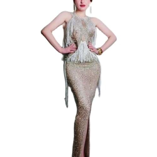 Golden Tassel Evening Party Dress Women Jumpsuit Latin Dance Costume Singer Prom Birthday Celebration Rhinestone Dress