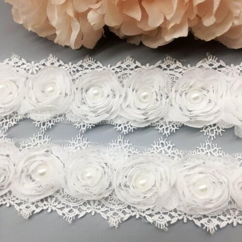 1 Yard Vintage Chiffon Flower Pearl Lace Trim Embroidered Wedding Dress Ribbon Applique Trimmings Ribbon Sewing Craft Motif