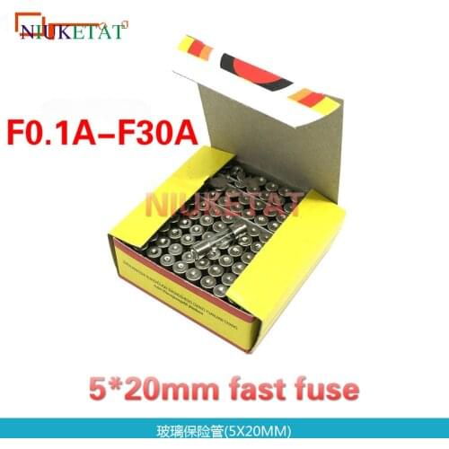 100pcs/box 5*20mm Glass fuse 0.1A-30A Fast fuse 250V 5*20 F0.1A-F30A 250V High Quality Glass Fuse New and original