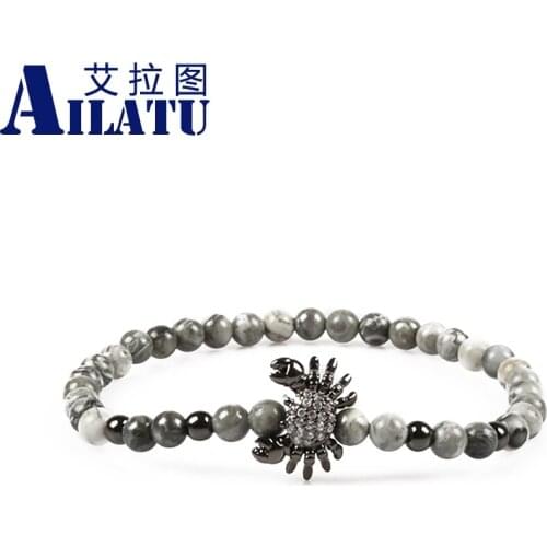 Ailatu Micro Paved Cubic Zirconia Crab Charm with 4mm Grey Picture Stone Beads Suited to be Lovers' Gifts Bracelets