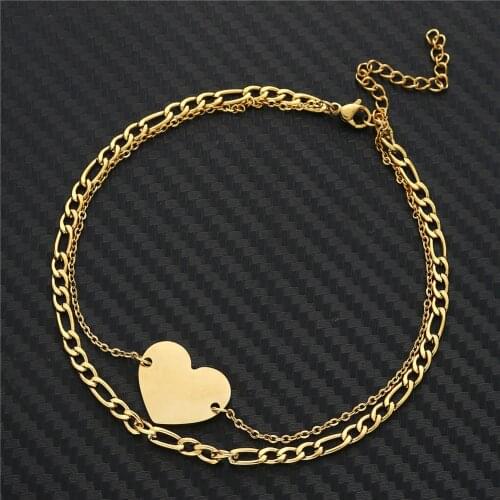 Bohemian Stainless Steel Heart-shaped Peach Heart Bracelet Foot Chain Paper Clip Chain Lobster Buckle Double-layer Jewelry