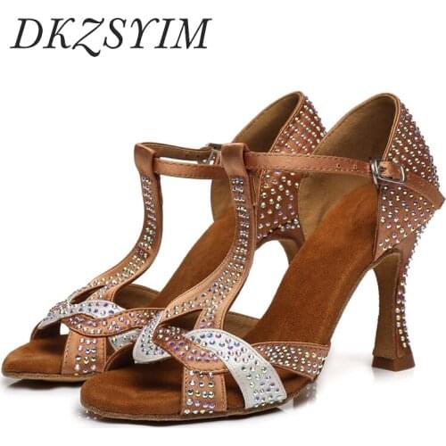 DKZSYIM Brown Latin Dance Shoes Ladies High Heels Ballroom Dancing Sandals Rhinestone Shiny Party Dance Shoes Soft Soles