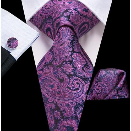 Hi-Tie 100% Silk Luxury Brand Designer Paisley Ties for Men Purple Gold NeckTie Pocket Squre Cufflinks Set Luxury Silk Mens Ties