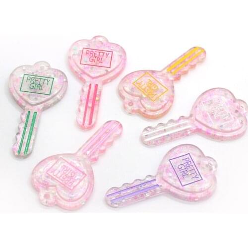 Cute Sparkling Glitter Pink Colorful Resin Heart Key Charms Flatback Cabochon Kawaii For Diy Keychains Jewelry