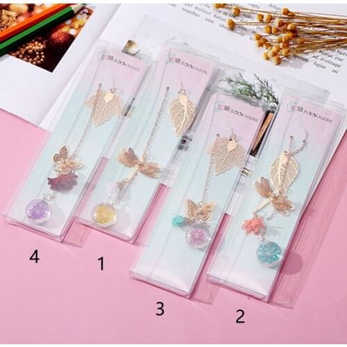 Brass Leaf Bookmark Dragonfly Butterfly Hollow Crystal Dried Flower Pendant Book Holder Stationery Gift School Office Supplies